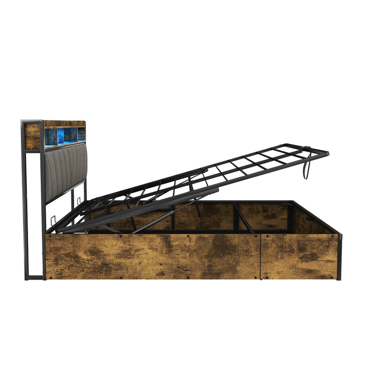 Grey wooden industrial kingsize ottoman bed frame end opening with LED storage headboard & charging (150*200cm) CROLQELS KING UK