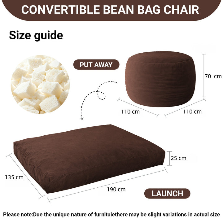 Big convertible bean bag chair & bed brown with fluffy velvet & side pocket VIGOURA