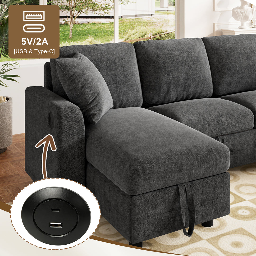 U-Shaped Sectional Sofa Grey Chenille with Pull-Out Bed &amp; 2 Storage Chaises 260cm ARROWCABINET