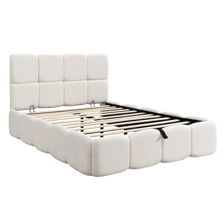 Beige velvet upholstered double ottoman bed 135x190cm QUANTAESIA