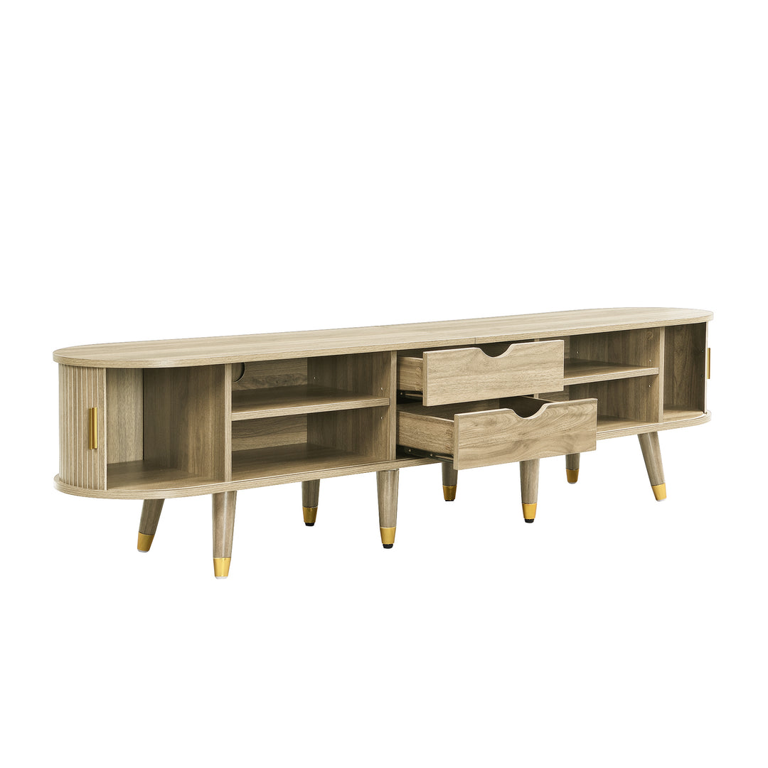 Light oak textured TV stand with 2 sliding doors and 2 drawers NANOFIB