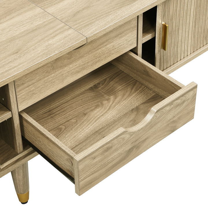 Light oak textured TV stand with 2 sliding doors and 2 drawers NANOFIB