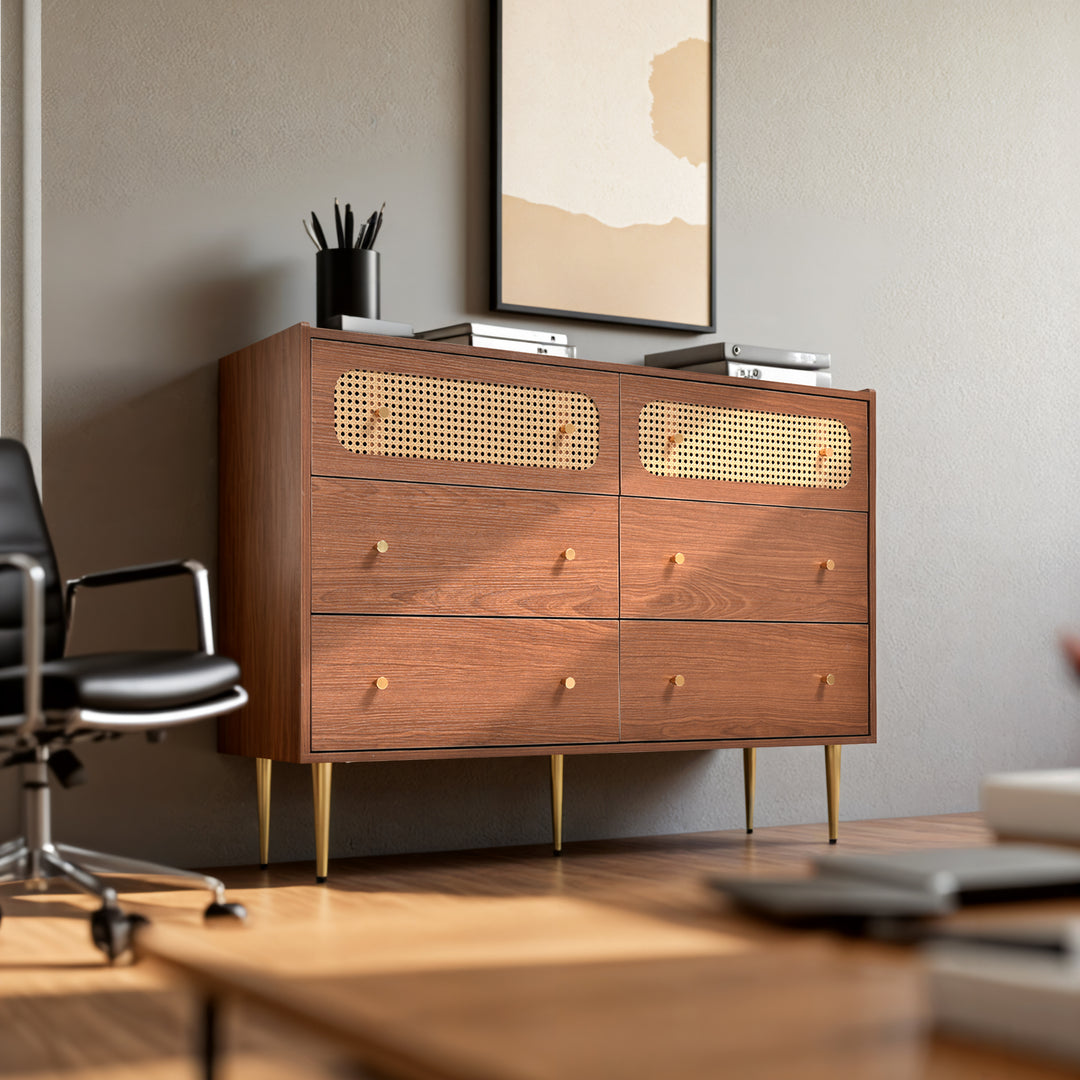 Faux rattan walnut sideboard cabinet, chest of drawers with 6 drawers 40Dx120Wx90Hcm DELMO UK