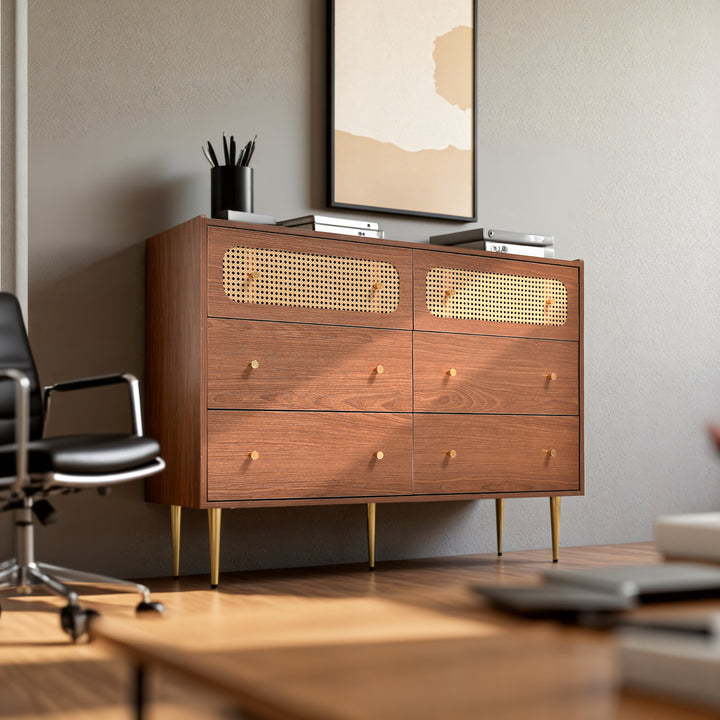 Faux rattan walnut sideboard cabinet, chest of drawers with 6 drawers 40Dx120Wx90Hcm DELMO UK