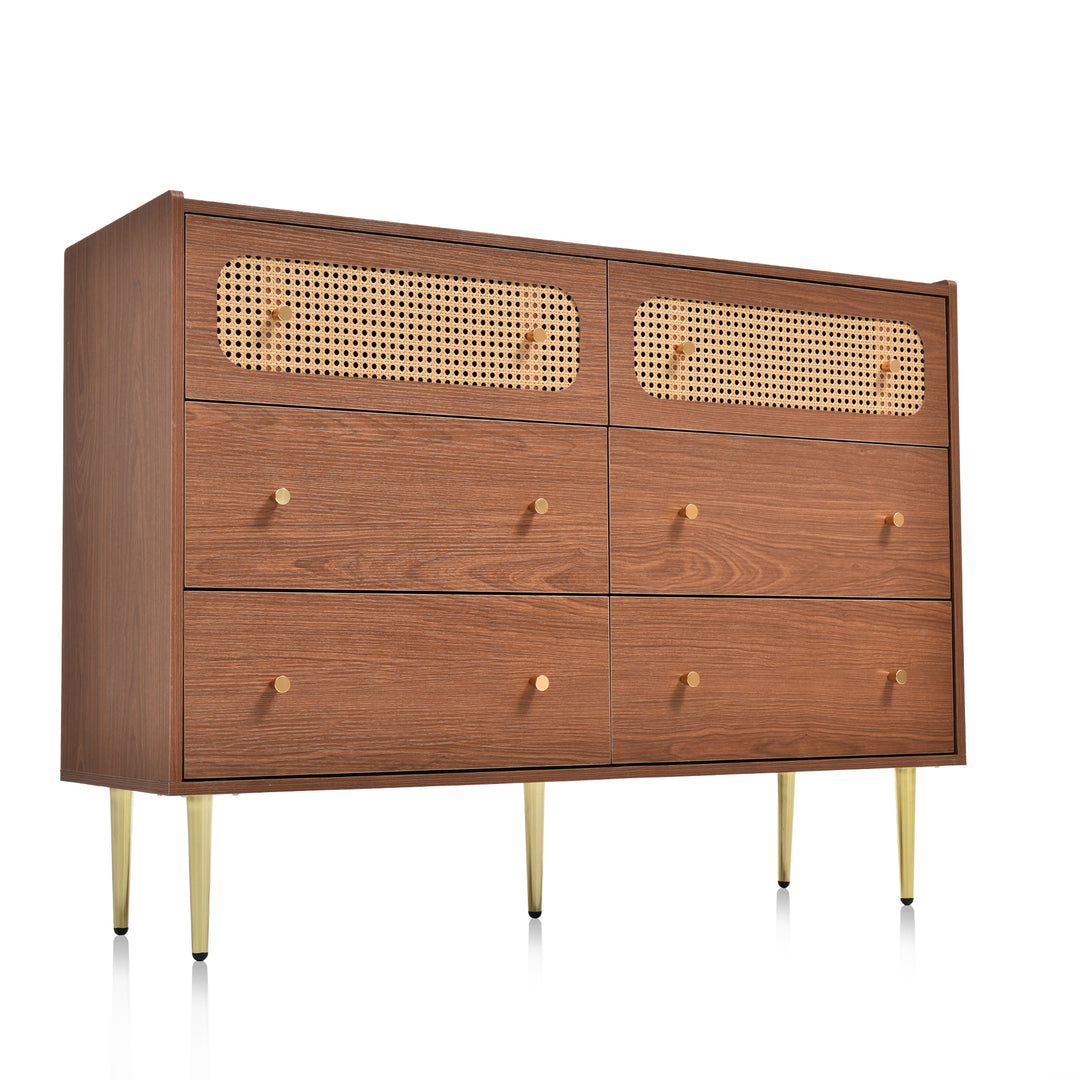 Faux rattan walnut sideboard cabinet, chest of drawers with 6 drawers 40Dx120Wx90Hcm DELMO UK