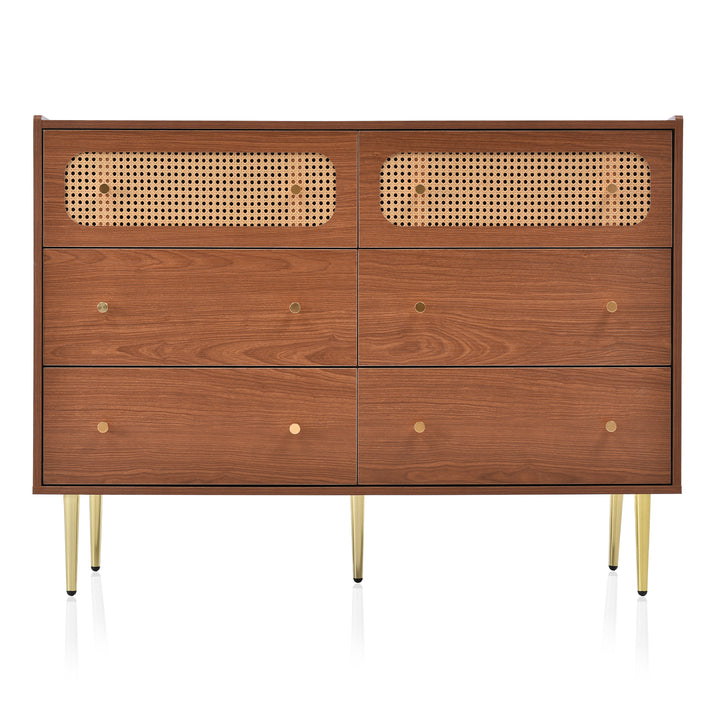 Faux rattan walnut sideboard cabinet, chest of drawers with 6 drawers 40Dx120Wx90Hcm DELMO UK
