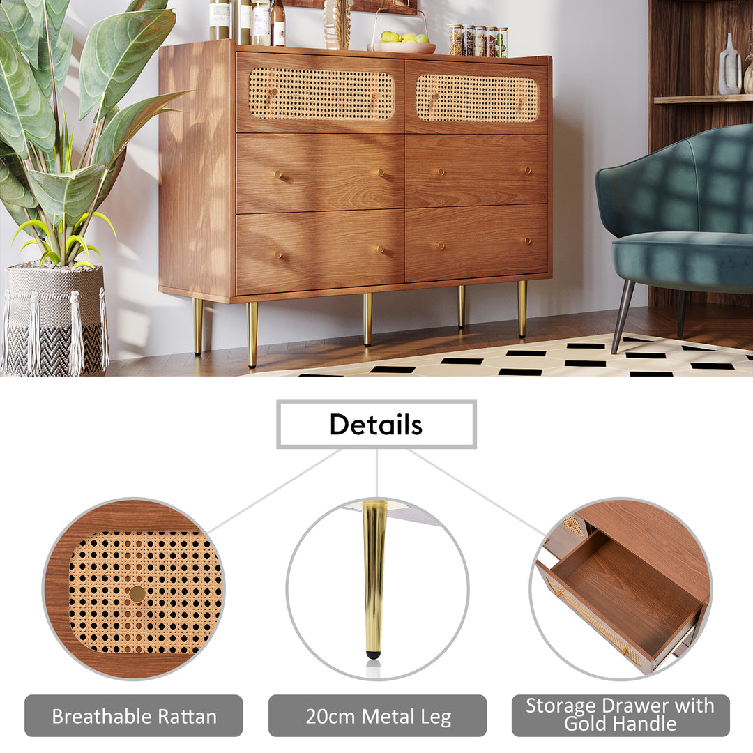 Faux rattan walnut sideboard cabinet, chest of drawers with 6 drawers 40Dx120Wx90Hcm DELMO UK