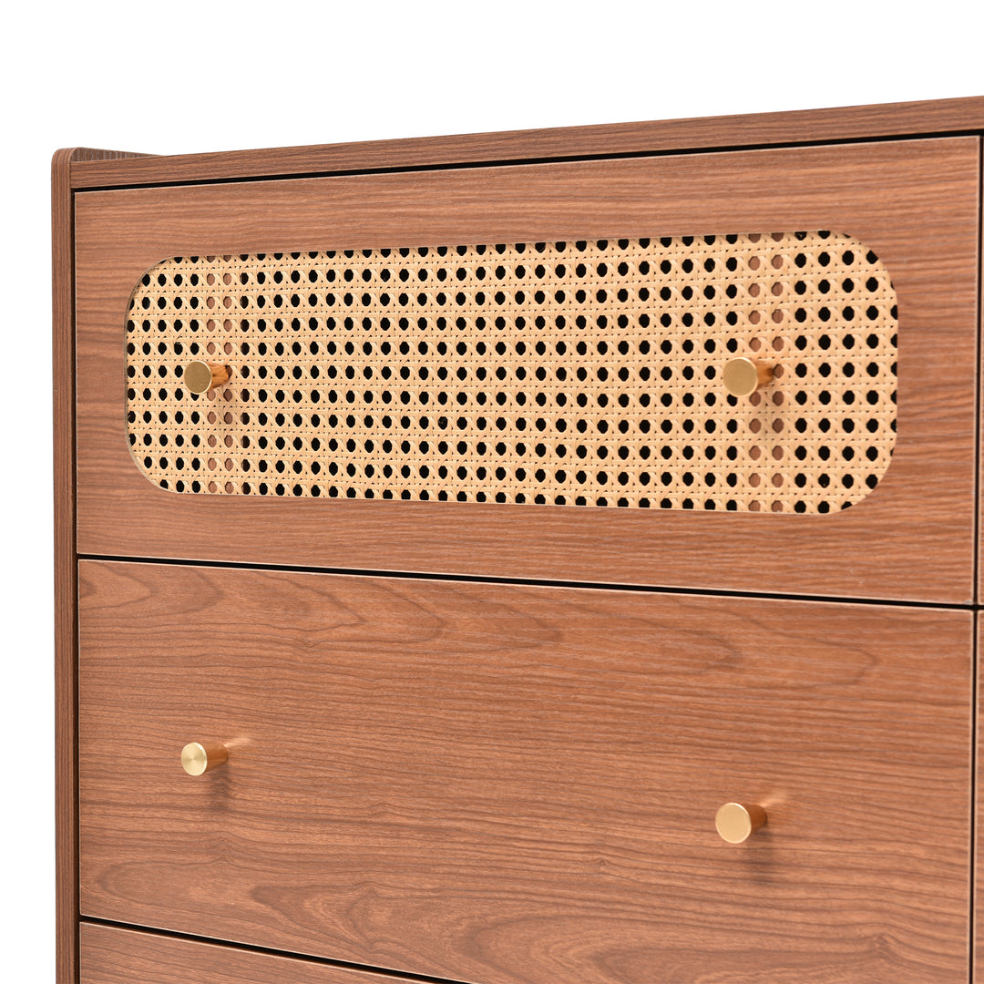 Faux rattan walnut sideboard cabinet, chest of drawers with 6 drawers 40Dx120Wx90Hcm DELMO UK