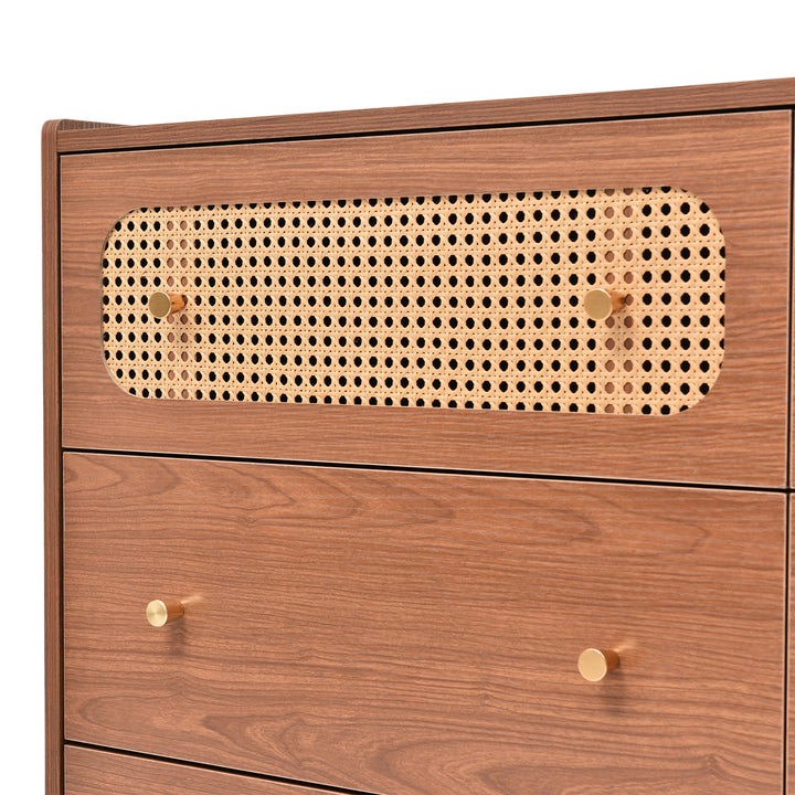 Faux rattan walnut sideboard cabinet, chest of drawers with 6 drawers 40Dx120Wx90Hcm DELMO UK