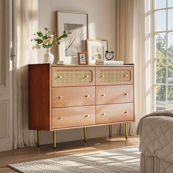 Faux rattan walnut sideboard cabinet, chest of drawers with 6 drawers 40Dx120Wx90Hcm DELMO UK