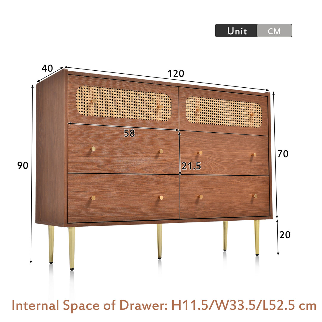 Faux rattan walnut sideboard cabinet, chest of drawers with 6 drawers 40Dx120Wx90Hcm DELMO UK
