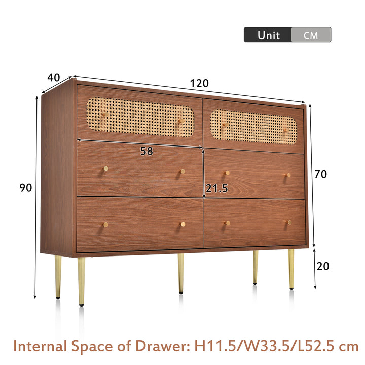 Faux rattan walnut sideboard cabinet, chest of drawers with 6 drawers 40Dx120Wx90Hcm DELMO UK