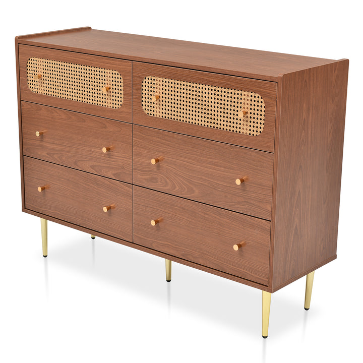 Faux rattan walnut sideboard cabinet, chest of drawers with 6 drawers 40Dx120Wx90Hcm DELMO UK