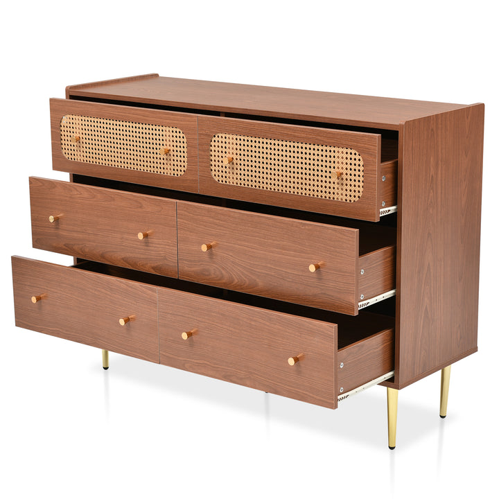Faux rattan walnut sideboard cabinet, chest of drawers with 6 drawers 40Dx120Wx90Hcm DELMO UK