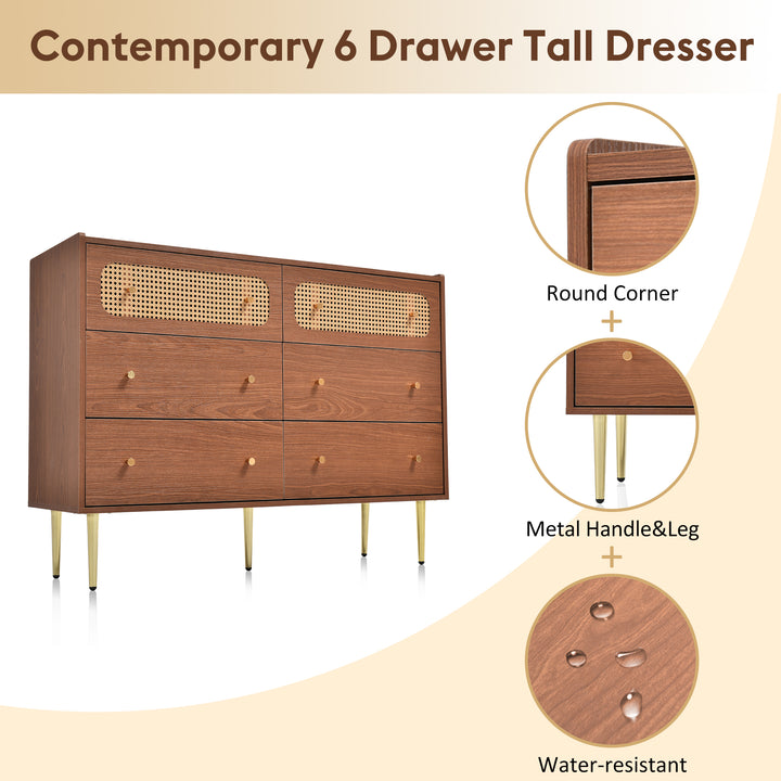 Faux rattan walnut sideboard cabinet, chest of drawers with 6 drawers 40Dx120Wx90Hcm DELMO UK