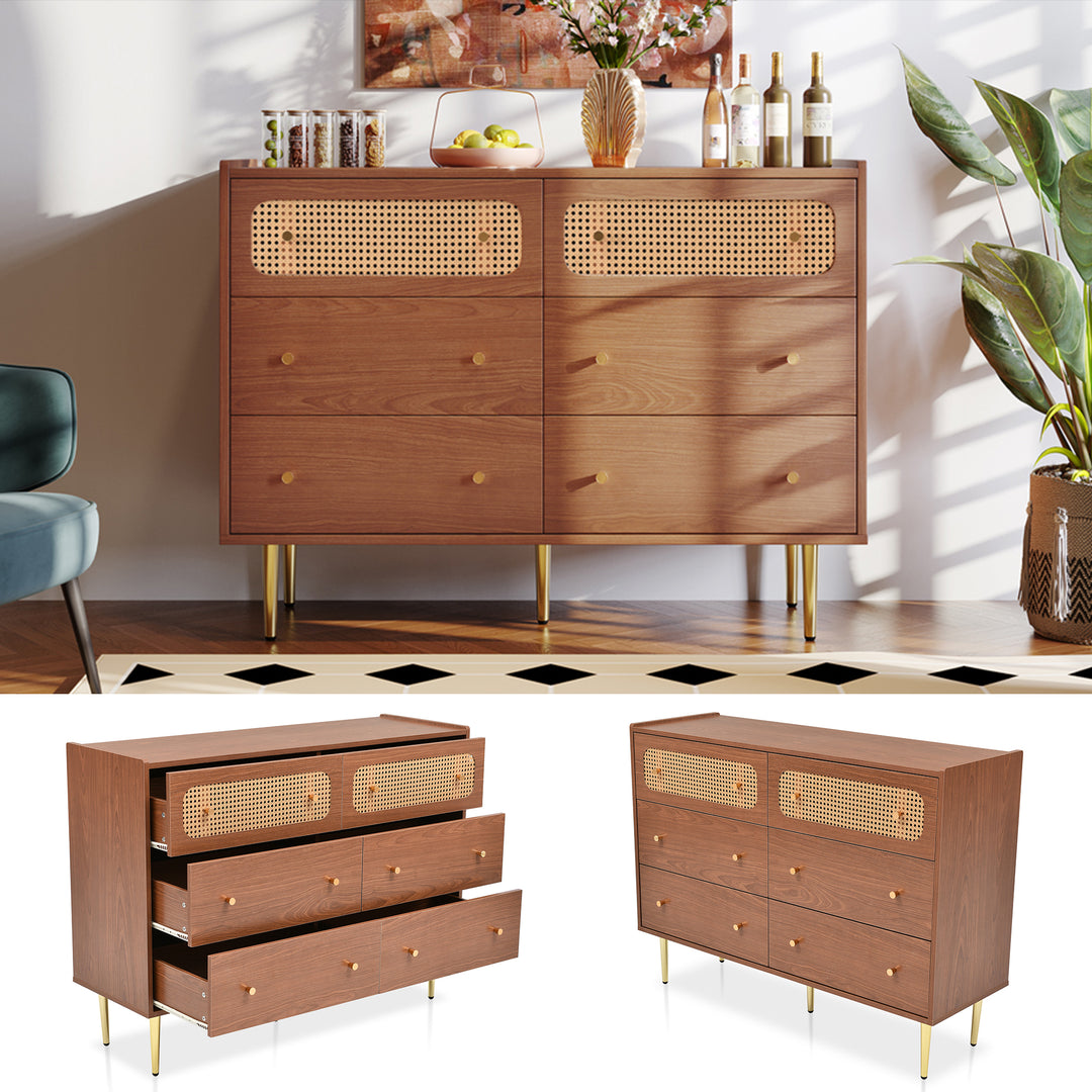 Faux rattan walnut sideboard cabinet, chest of drawers with 6 drawers 40Dx120Wx90Hcm DELMO UK