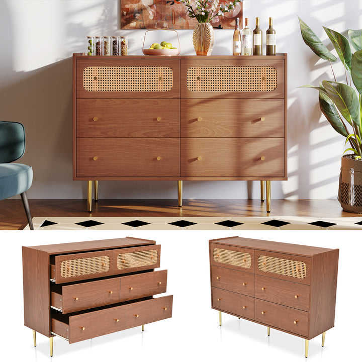 Faux rattan walnut sideboard cabinet, chest of drawers with 6 drawers 40Dx120Wx90Hcm DELMO UK