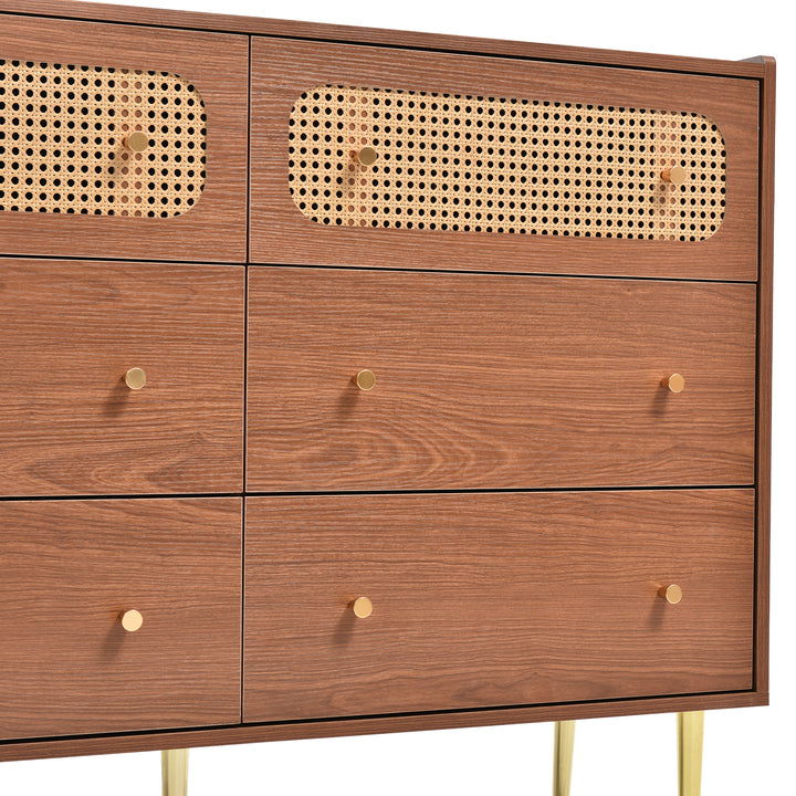 Faux rattan walnut sideboard cabinet, chest of drawers with 6 drawers 40Dx120Wx90Hcm DELMO UK
