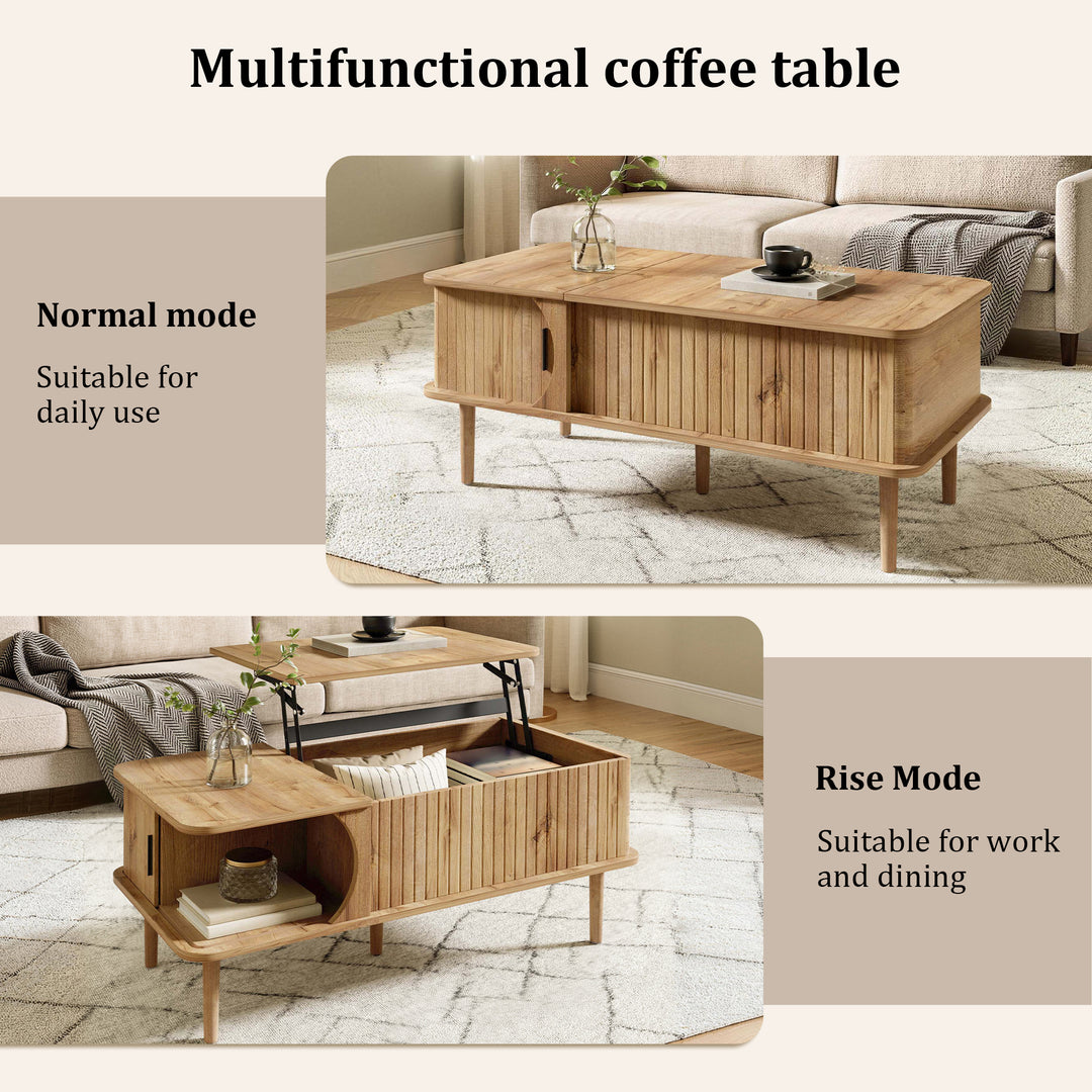 Retro Lift-Top Natural Wooden Look Coffee Table with 3D Wave 95cm ARROWLAMP