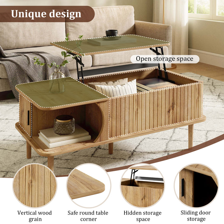 Retro Lift-Top Natural Wooden Look Coffee Table with 3D Wave 95cm ARROWLAMP