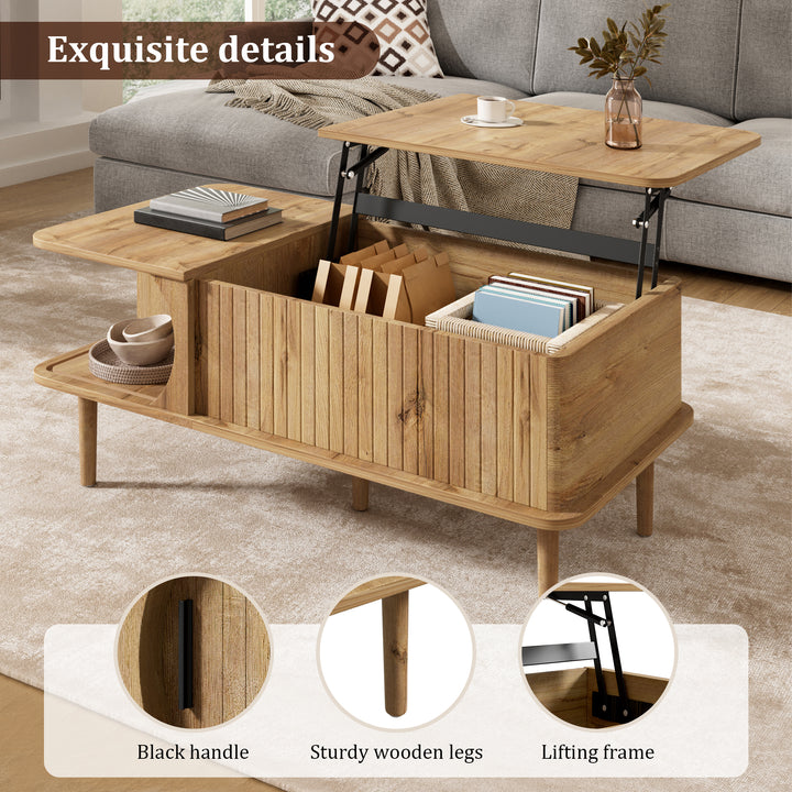 Retro Lift-Top Natural Wooden Look Coffee Table with 3D Wave 95cm ARROWLAMP