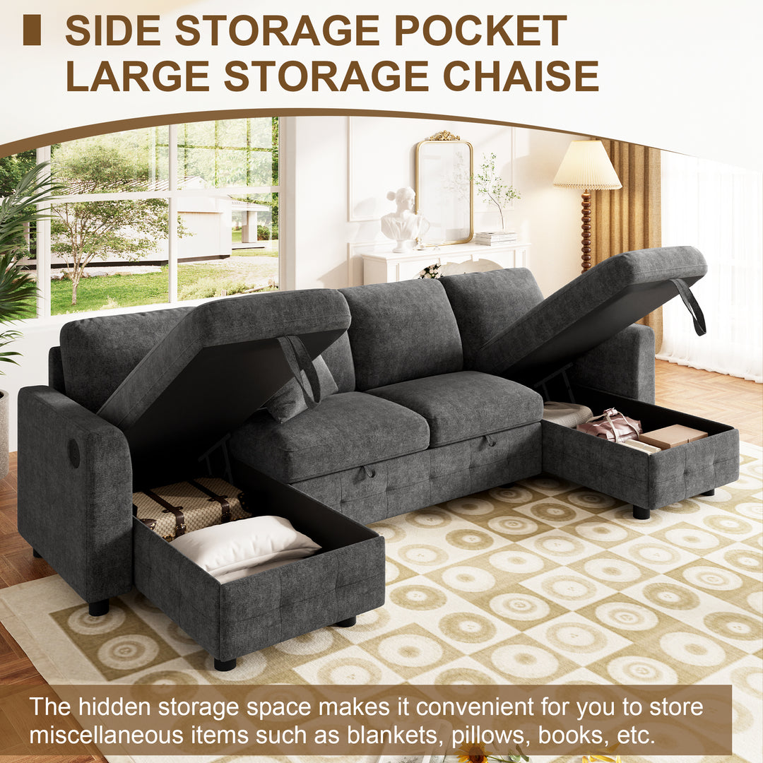 U-Shaped Sectional Sofa Grey Chenille with Pull-Out Bed &amp; 2 Storage Chaises 260cm ARROWCABINET