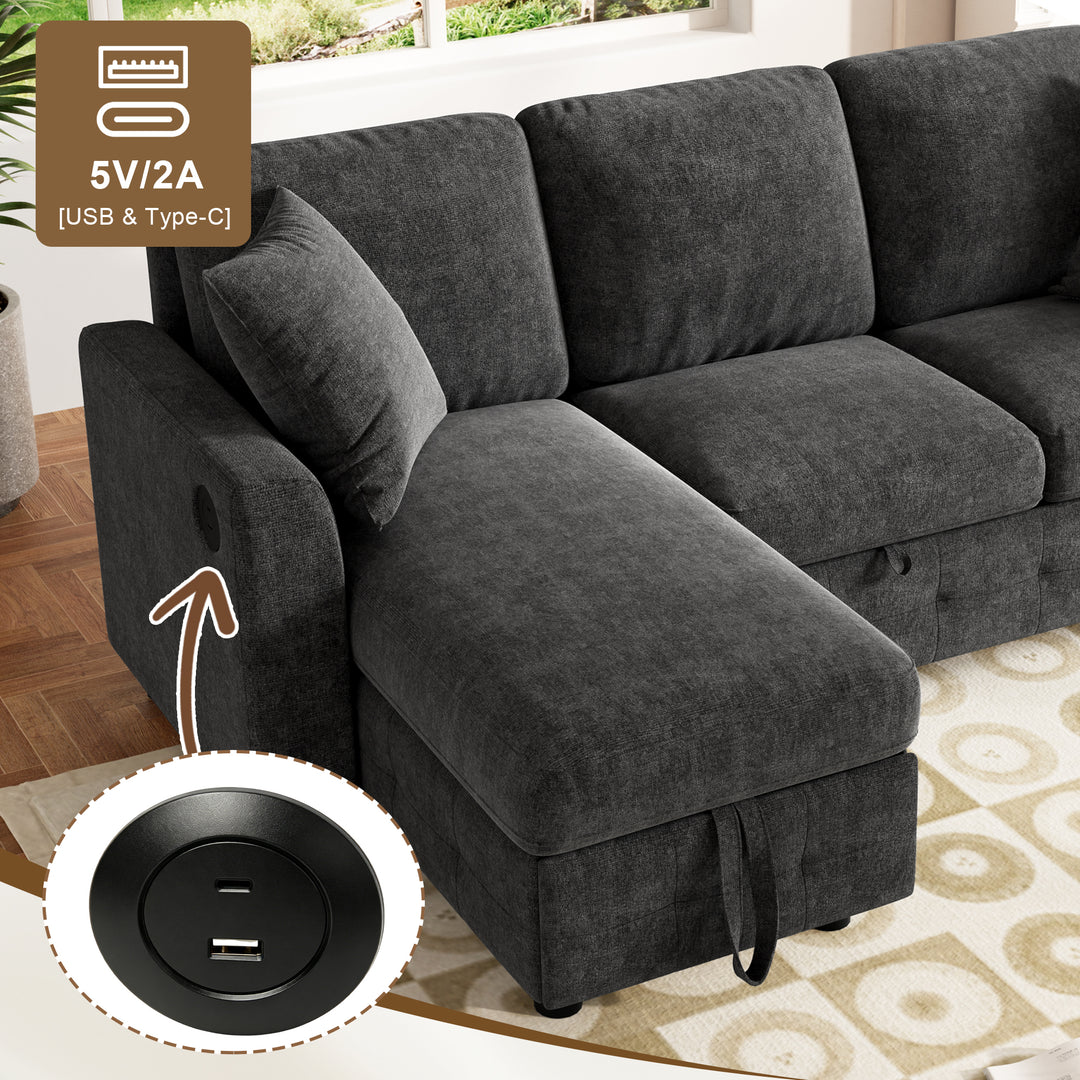 L-Shaped Corner 3-Seater Sofa Bed Grey Chenille with Storage Chaise and USB Charging 200cm ARROWCHEST