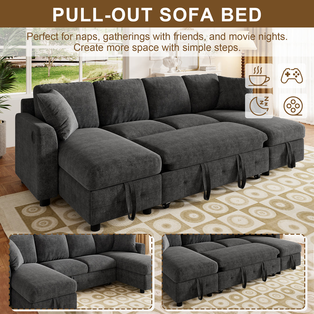 U-Shaped Sectional Sofa Grey Chenille with Pull-Out Bed &amp; 2 Storage Chaises 260cm ARROWCABINET