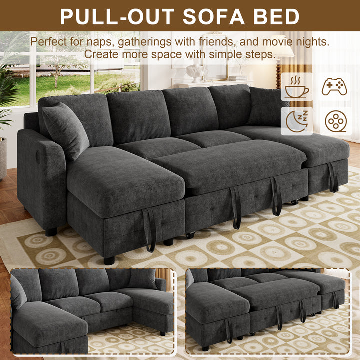 U-Shaped Sectional Sofa Grey Chenille with Pull-Out Bed &amp; 2 Storage Chaises 260cm ARROWCABINET