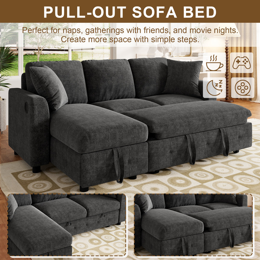 L-Shaped Corner 3-Seater Sofa Bed Grey Chenille with Storage Chaise and USB Charging 200cm ARROWCHEST