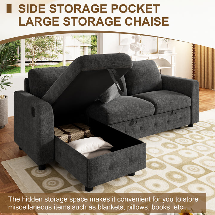 L-Shaped Corner 3-Seater Sofa Bed Grey Chenille with Storage Chaise and USB Charging 200cm ARROWCHEST