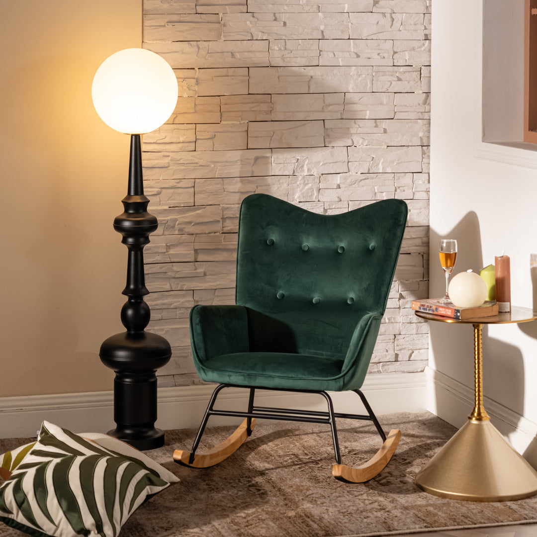 Scandinavian rocking chair in green velvet with wooden legs EPPING SMALL VELVET GREEN