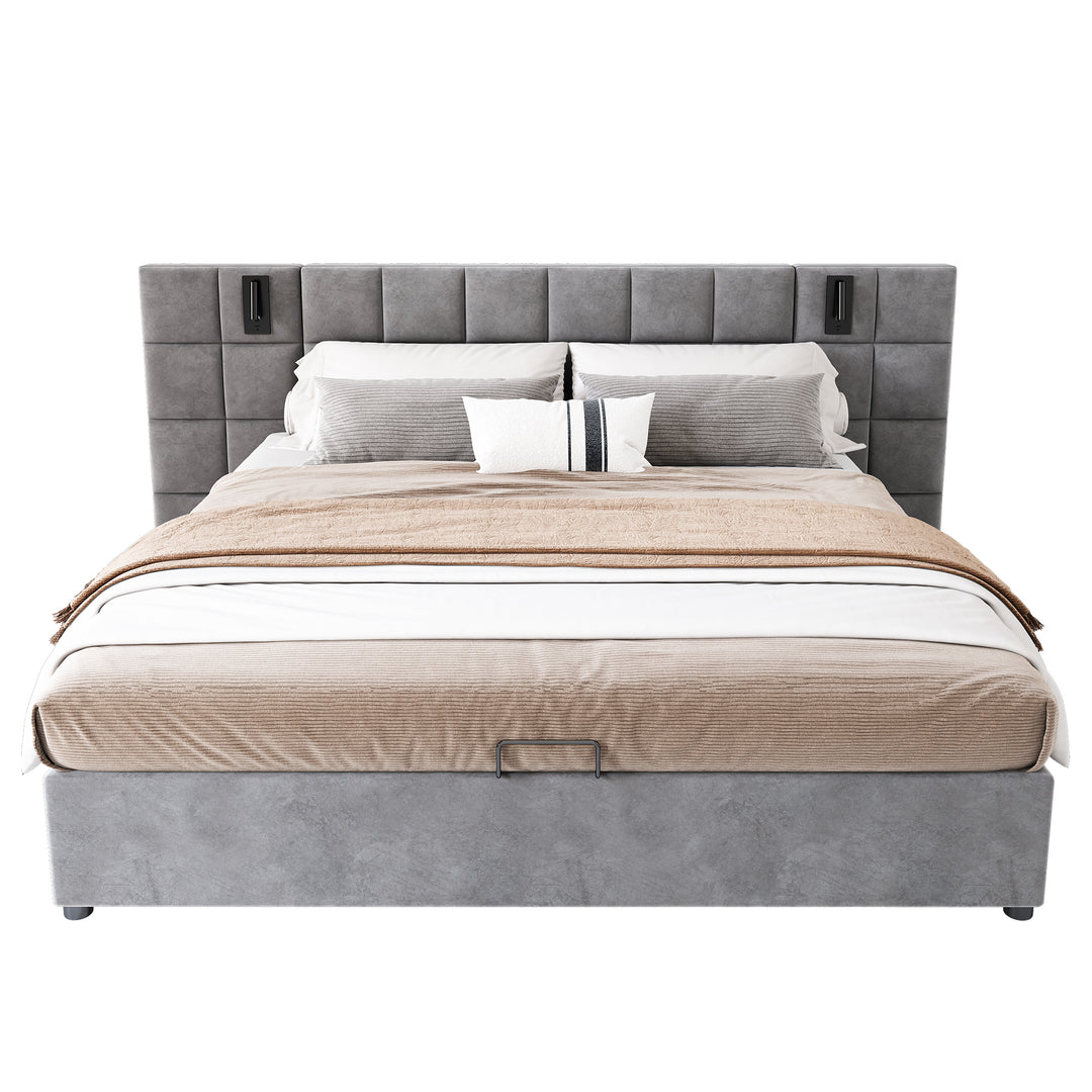 Grey velvet king size ottoman bed end opening, side lamps and charging ports (150×200cm) RECESSIVE