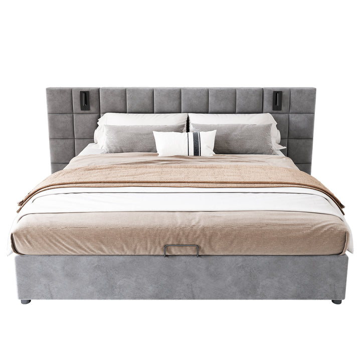 Grey velvet king size ottoman bed end opening, side lamps and charging ports (150×200cm) RECESSIVE