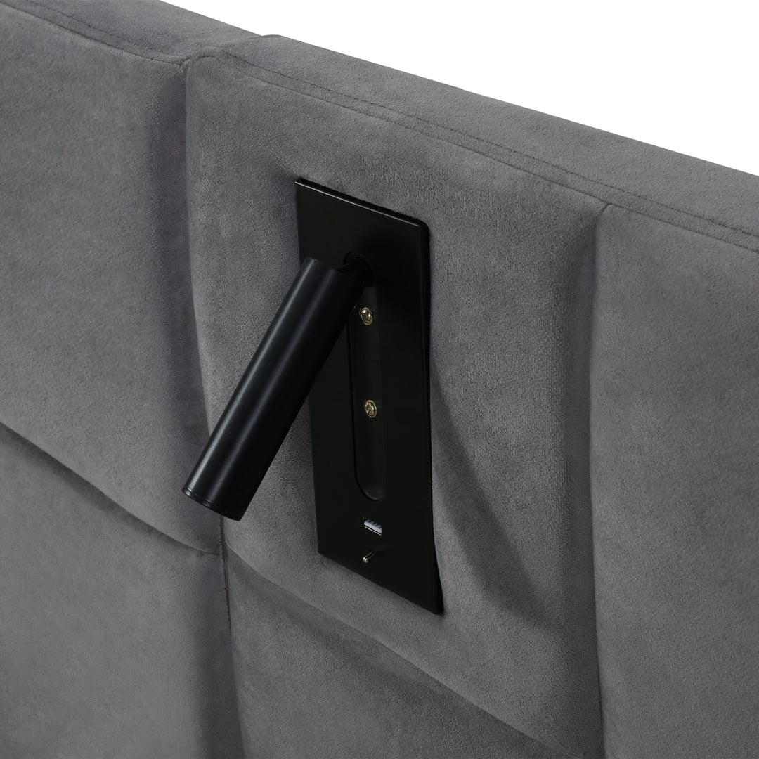 Grey velvet king size ottoman bed end opening, side lamps and charging ports (150×200cm) RECESSIVE