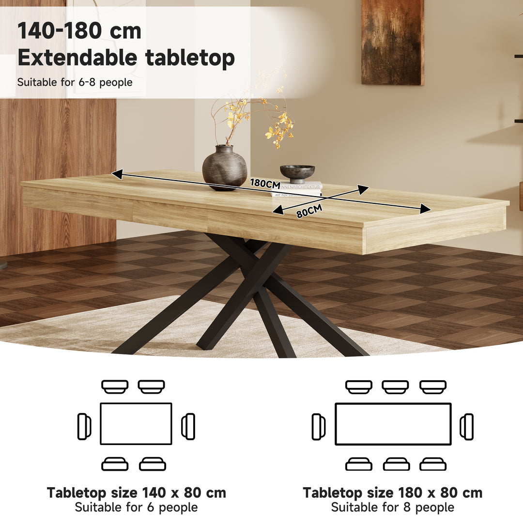 Extendable dining table 140–180cm MDF oak rectangular metal black legs ELEMENTALISE