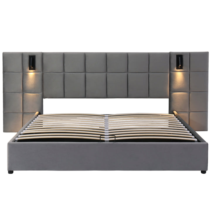 Grey velvet king size ottoman bed end opening, side lamps and charging ports (150×200cm) RECESSIVE