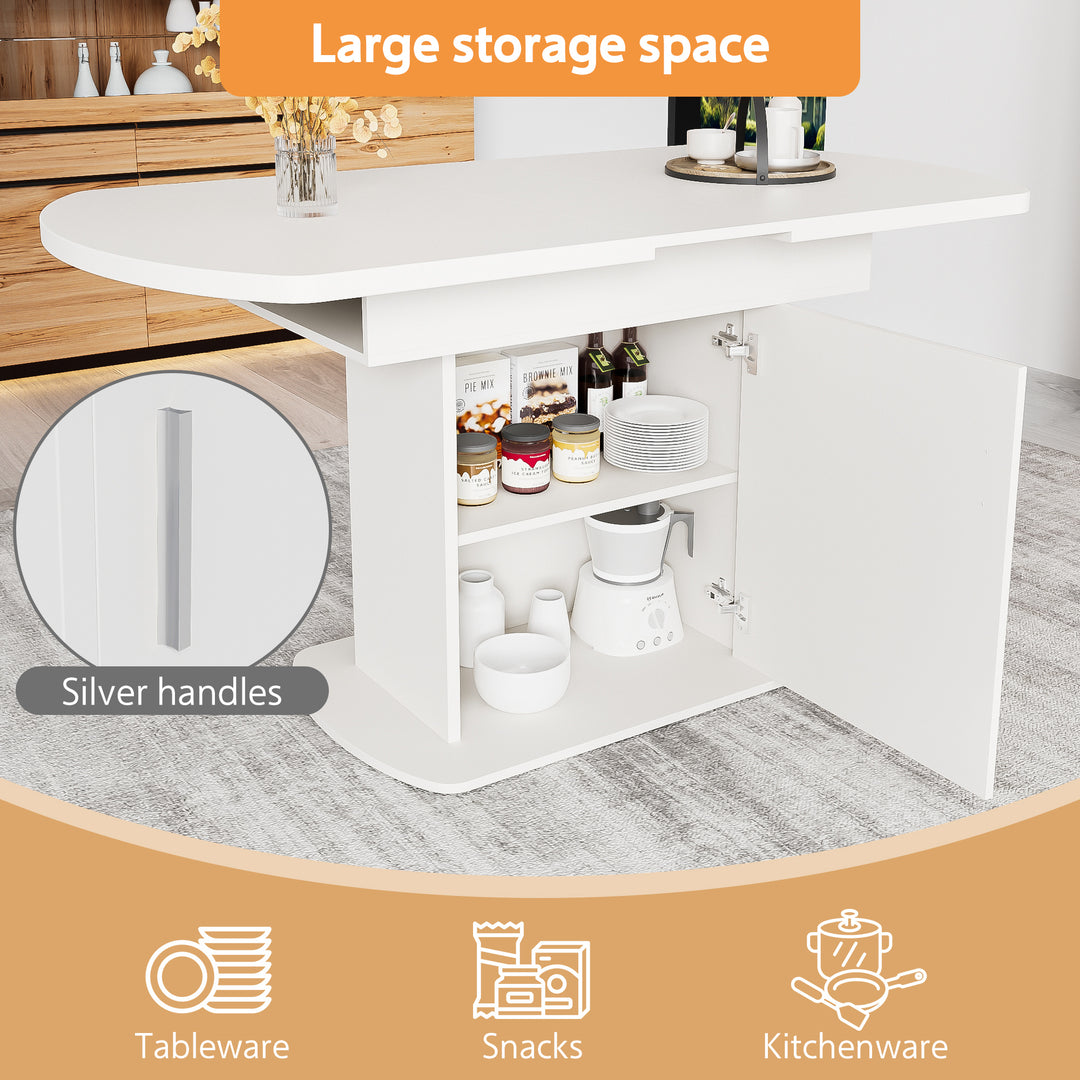 White extendable oval dining table with built-in storage 110-130×70cm SKELETAL