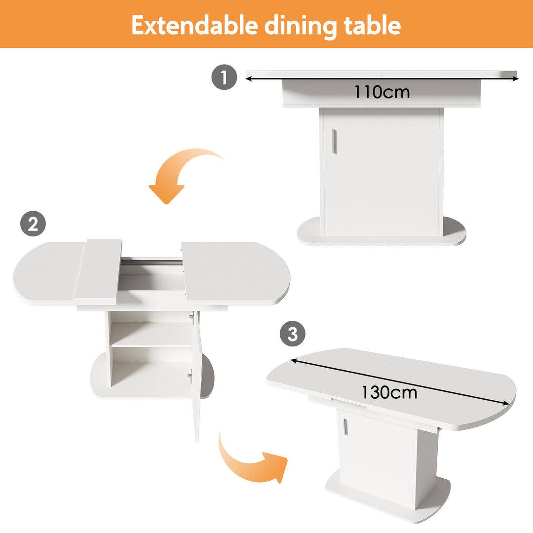 White extendable oval dining table with built-in storage 110-130×70cm SKELETAL
