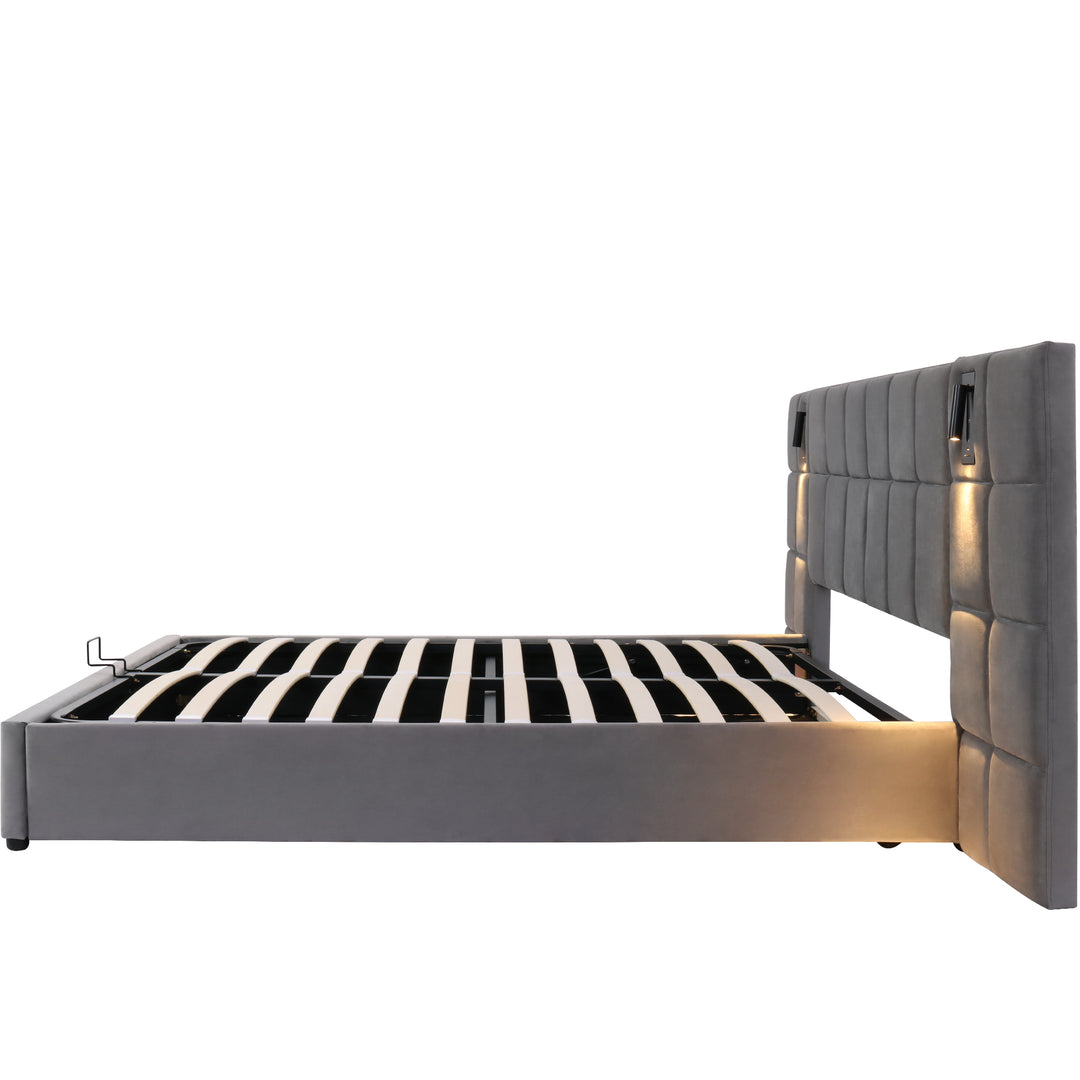 Grey velvet king size ottoman bed end opening, side lamps and charging ports (150×200cm) RECESSIVE