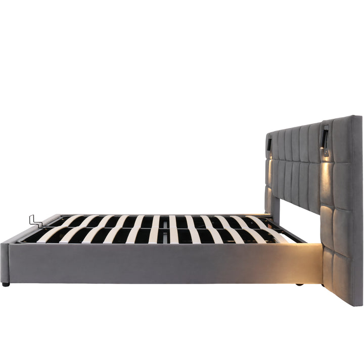 Grey velvet king size ottoman bed end opening, side lamps and charging ports (150×200cm) RECESSIVE