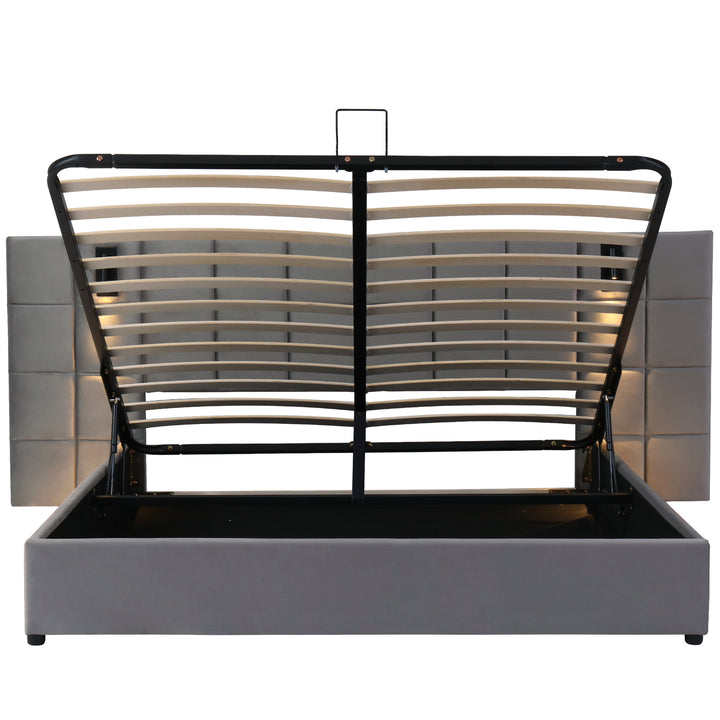 Grey velvet king size ottoman bed end opening, side lamps and charging ports (150×200cm) RECESSIVE