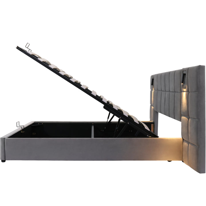 Grey velvet king size ottoman bed end opening, side lamps and charging ports (150×200cm) RECESSIVE