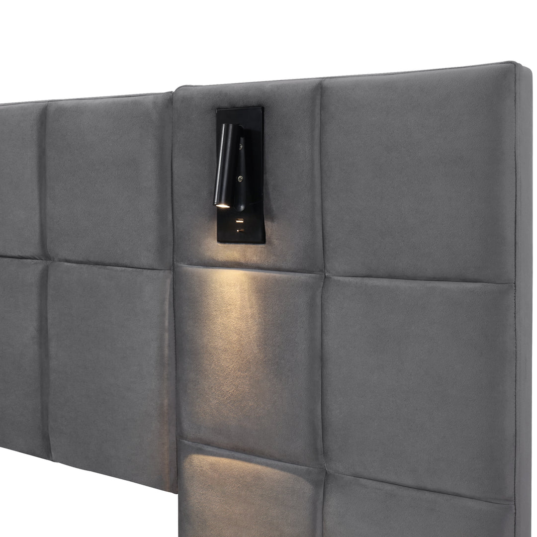 Grey velvet king size ottoman bed end opening, side lamps and charging ports (150×200cm) RECESSIVE