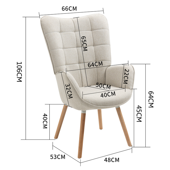 Scandinavian beige sheepskin fabric armchair FUNKEL FABRIC BEIGE NATURAL WOOD LEG