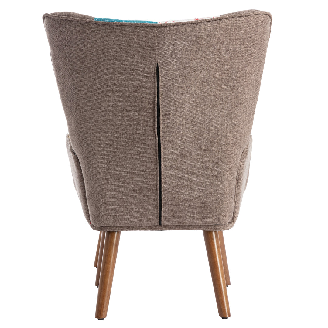 Multi-colour patchwork wingback lounge chair with footrest, backrest and cushion FINKAR UK