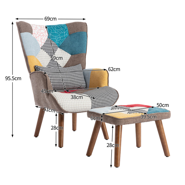 Multi-colour patchwork wingback lounge chair with footrest, backrest and cushion FINKAR UK