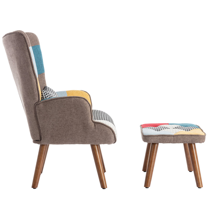 Multi-colour patchwork wingback lounge chair with footrest, backrest and cushion FINKAR UK