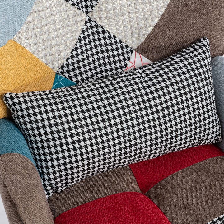 Multi-colour patchwork wingback lounge chair with footrest, backrest and cushion FINKAR UK