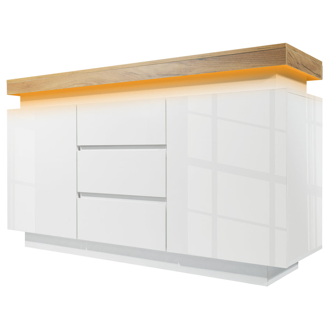 White high-gloss sideboard with 2 doors and 3 drawers with LED light 140*39*81cm FIRLA UK